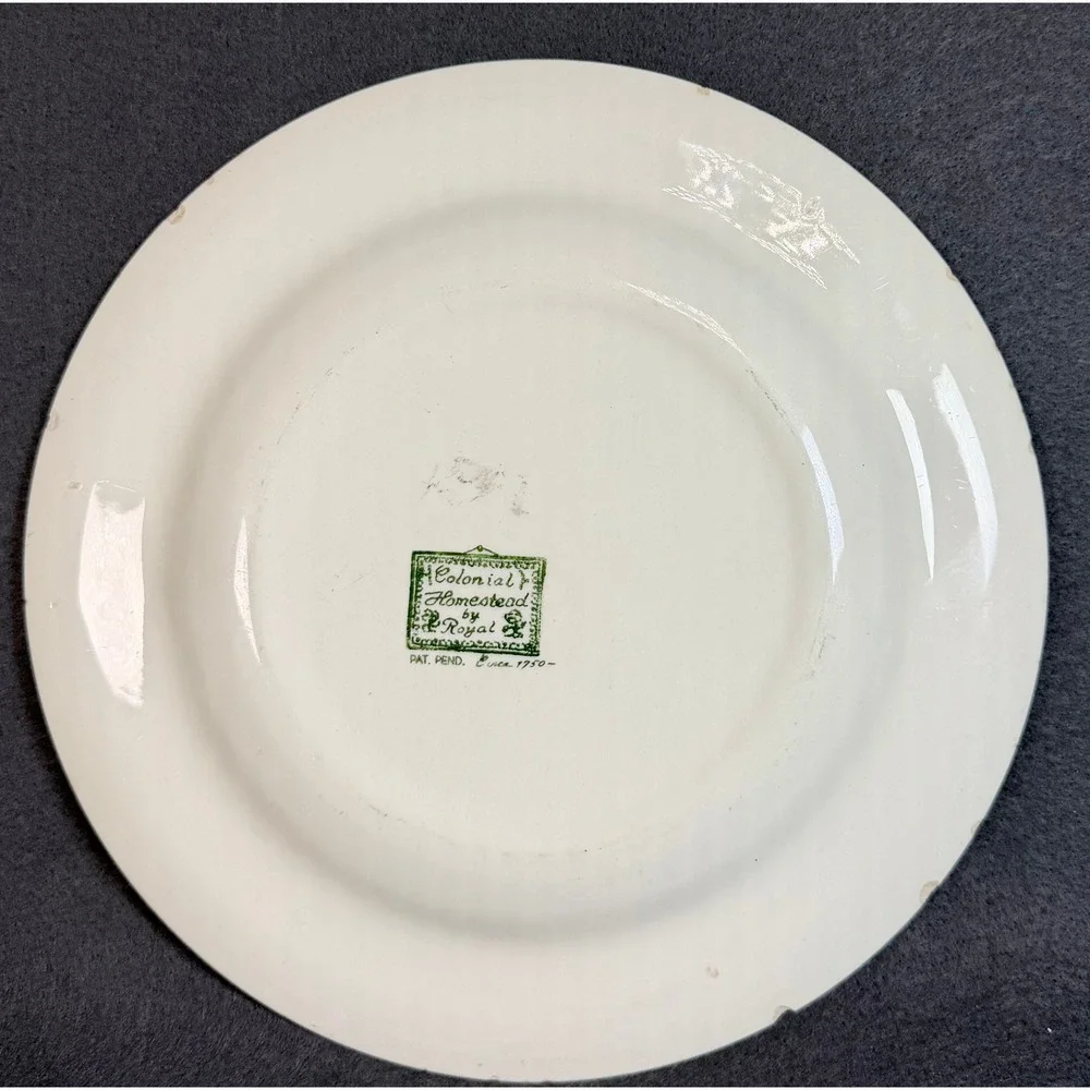 Royal China‎ Colonial Homestead Green Transferware Dinner Plates Set of 2 USA